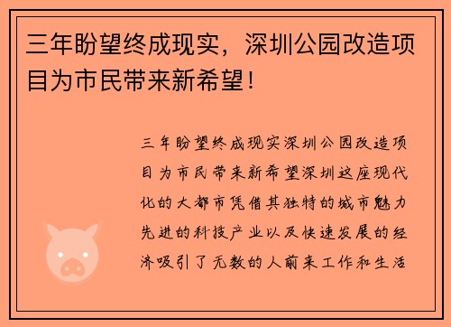 三年盼望终成现实，深圳公园改造项目为市民带来新希望！